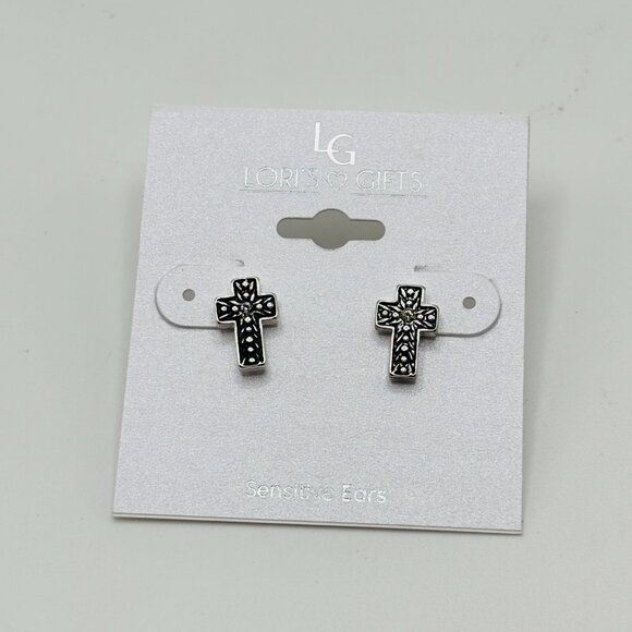 Lori’s Gifts Silver Cross Stud Earrings Sensitive Ears Hypoallergenic NWT Christ - Picture 1 of 3
